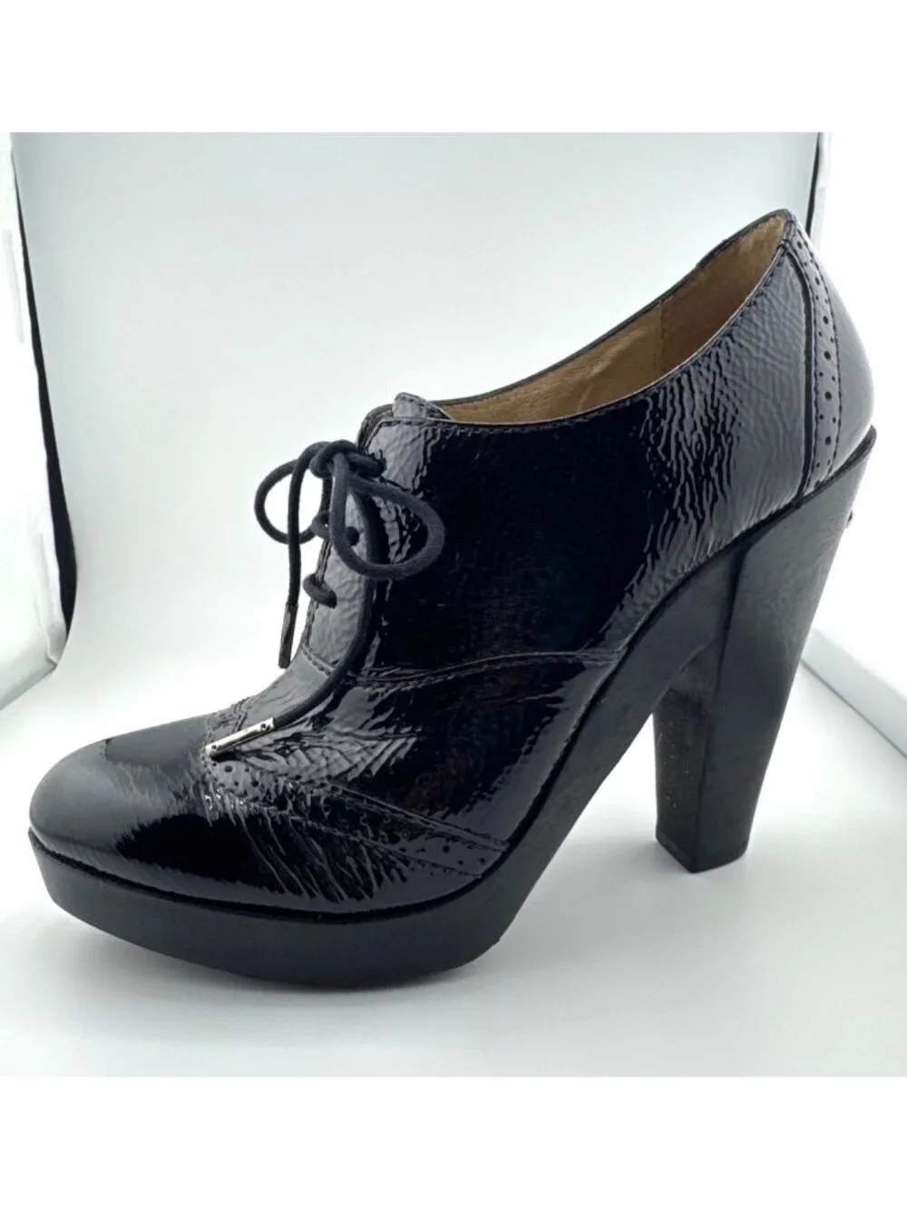Michael Kors Panama Oxford Heels 8.5M Black Patent Leather Platform Office Siren